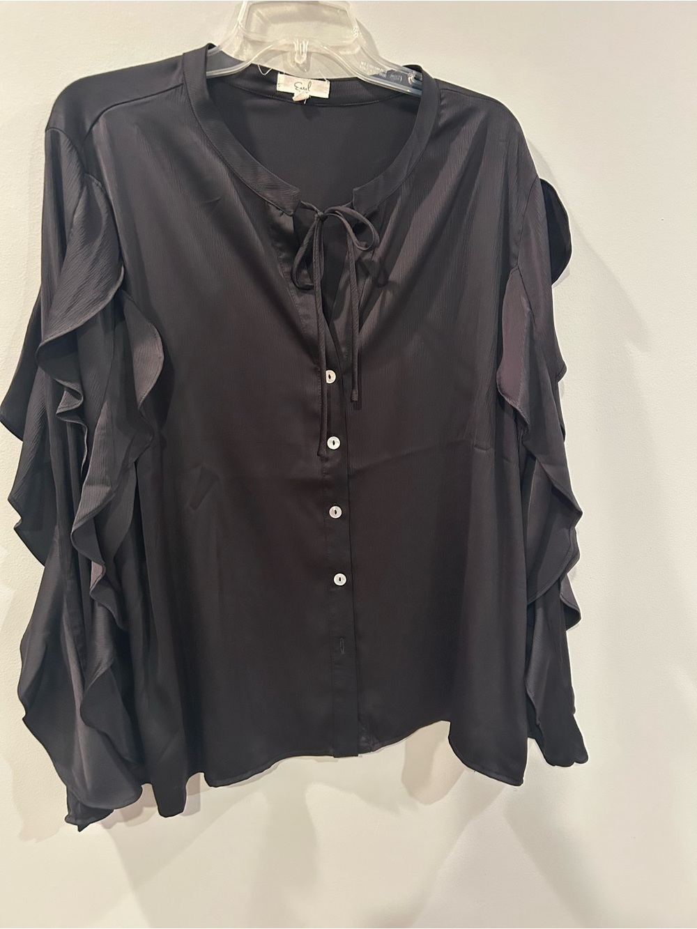 Easel Black Ruffle Tie-Neck Blouse